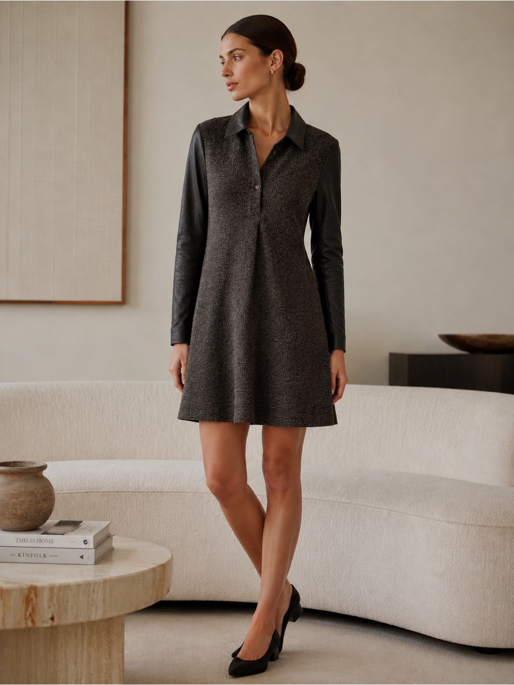 NIU Charcoal Two-Tone Collar Knit Dress Size Small Quiet Lux Old Money